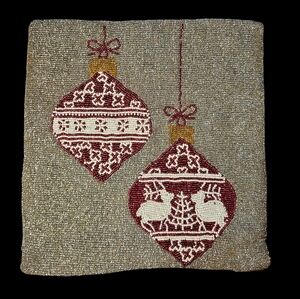 Silver Christmas Holiday Beaded Pillow Cover Red/White Ornaments Cynthia Rowley